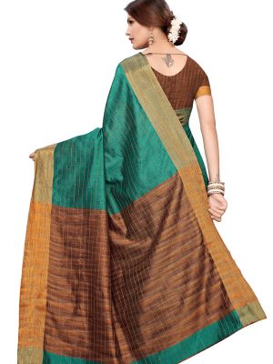 Ikkat Chokda Green Cotton Polyester Silk Weaving Saree With Blouse