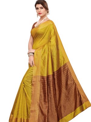 Ikkat Chokda Mehendi Cotton Polyester Silk Weaving Saree With Blouse