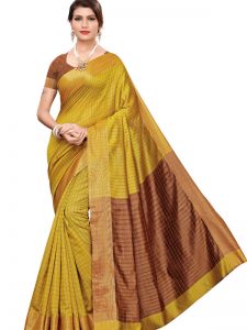 Ikkat Chokda Mehendi Cotton Polyester Silk Weaving Saree With Blouse