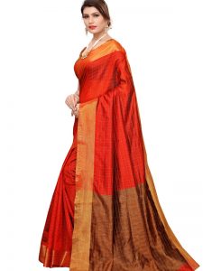 Ikkat Chokda Red Cotton Polyester Silk Weaving Saree With Blouse