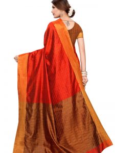 Ikkat Chokda Red Cotton Polyester Silk Weaving Saree With Blouse