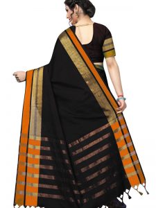 Jankar Black Cotton Polyester Silk Weaving Saree With Blouse