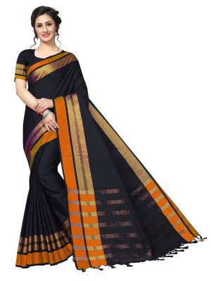 Jankar Black Cotton Polyester Silk Weaving Saree With Blouse