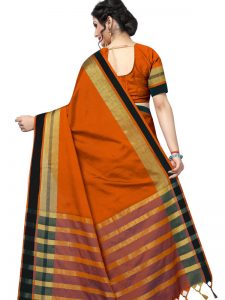 Jankar Orange Cotton Polyester Silk Weaving Saree With Blouse