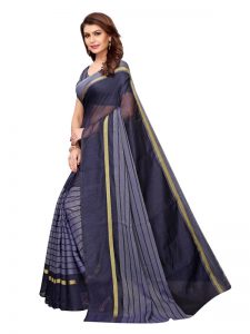 Rustam Navy Cotton Polyester Silk Weaving Saree With Blouse