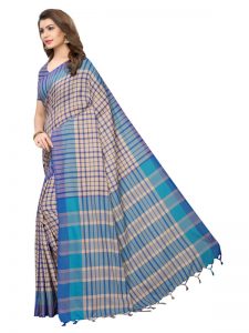 Terra Checks Blue Cotton Polyester Silk Weaving Saree With Blouse