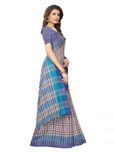 Terra Checks Blue Cotton Polyester Silk Weaving Saree With Blouse