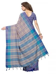 Terra Checks Blue Cotton Polyester Silk Weaving Saree With Blouse