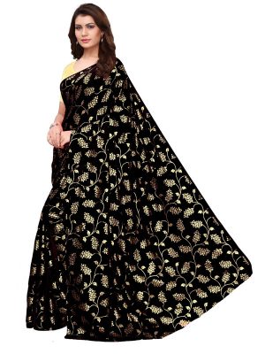 Foil Floral Black Rangoli Silk Foil Print Designer Sarees With Blouse