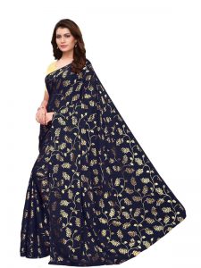 Foil Floral Navy Rangoli Silk Foil Print Designer Sarees With Blouse