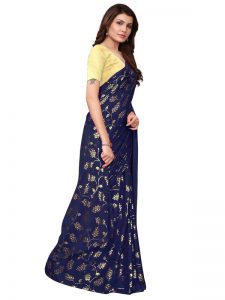 Foil Floral Navy Rangoli Silk Foil Print Designer Sarees With Blouse