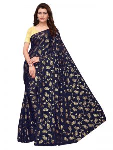 Foil Floral Navy Rangoli Silk Foil Print Designer Sarees With Blouse