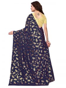 Foil Floral Navy Rangoli Silk Foil Print Designer Sarees With Blouse