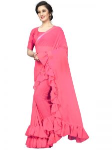 Frill Peach Georgette Solid Designer Sarees With Blouse