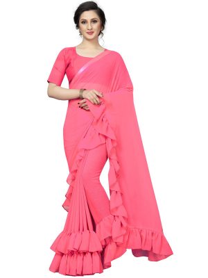 Frill Peach Georgette Solid Designer Sarees With Blouse