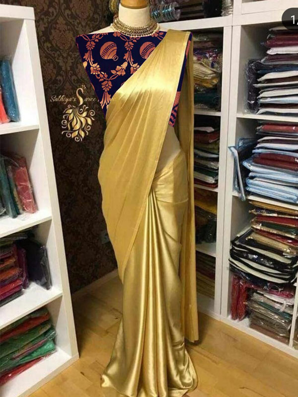 Gold Dust Navy Satin Solid Designer Sarees With Blouse - Zakarto