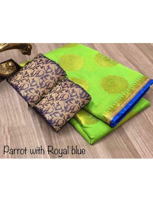 Golden Bird Green Chandheri Cotton Solid Designer Sarees With Blouse