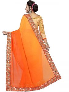 Mirror Orange Georgette Embroidered Designer Sarees With Blouse