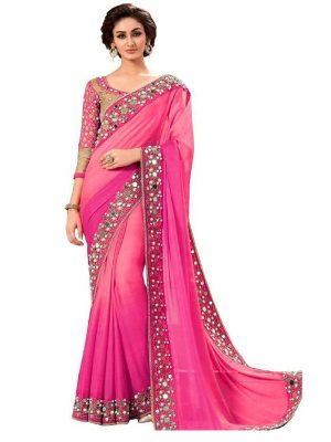 Mirror Pink Georgette Embroidered Designer Sarees With Blouse