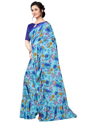 Ruffle Multi Blue Georgette Printed Designer Sarees With Blouse