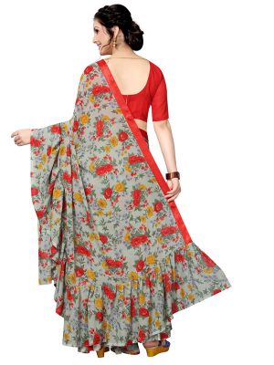 Ruffle Multi Red Georgette Printed Designer Sarees With Blouse
