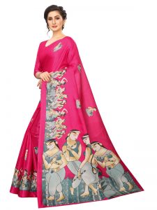 Ajanta Pink Khadi Silk Printed Kalamkaari Sarees With Blouse