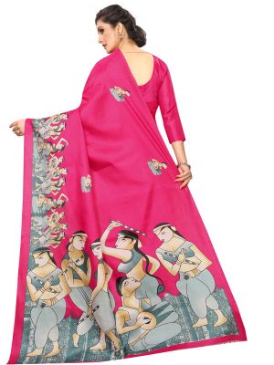 Ajanta Pink Khadi Silk Printed Kalamkaari Sarees With Blouse