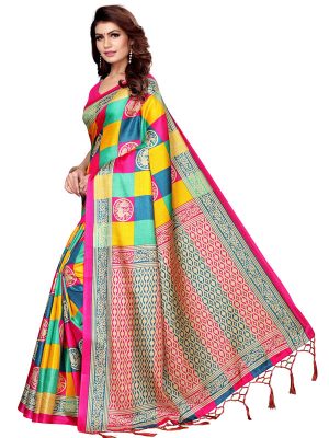 Checks Mor Pink Khadi Silk Printed Kalamkaari Sarees With Blouse