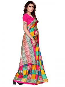 Checks Mor Pink Khadi Silk Printed Kalamkaari Sarees With Blouse