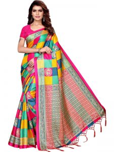 Checks Mor Pink Khadi Silk Printed Kalamkaari Sarees With Blouse