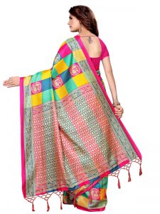 Checks Mor Pink Khadi Silk Printed Kalamkaari Sarees With Blouse