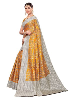 Chetak Mustard Khadi Silk Printed Kalamkaari Sarees With Blouse