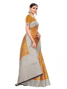 Chetak Mustard Khadi Silk Printed Kalamkaari Sarees With Blouse