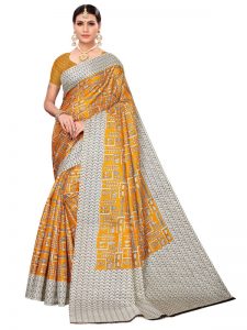 Chetak Mustard Khadi Silk Printed Kalamkaari Sarees With Blouse