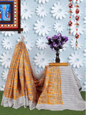 Chetak Mustard Khadi Silk Printed Kalamkaari Sarees With Blouse