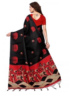 Farm House Black Khadi Silk Printed Kalamkaari Sarees With Blouse