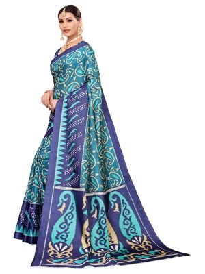 Jaguar Navy Khadi Silk Printed Kalamkaari Sarees With Blouse