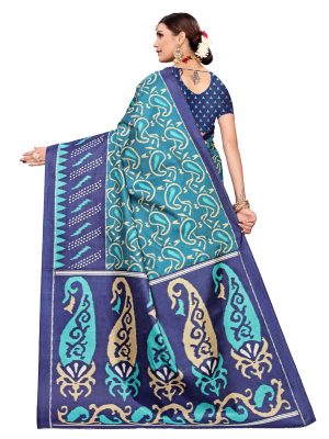 Jaguar Navy Khadi Silk Printed Kalamkaari Sarees With Blouse