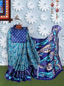 Jaguar Navy Khadi Silk Printed Kalamkaari Sarees With Blouse