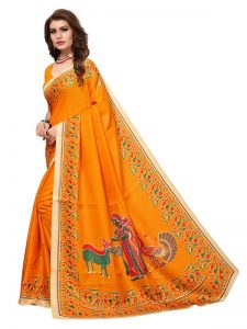 Kalamkaari 8 Mustard Khadi Silk Printed Kalamkaari Sarees With Blouse