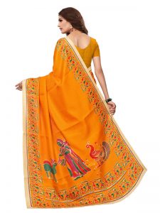 Kalamkaari 8 Mustard Khadi Silk Printed Kalamkaari Sarees With Blouse