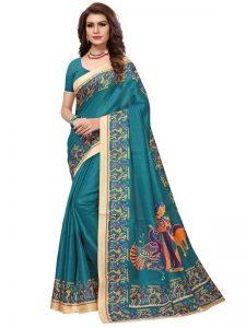 Kalamkaari 8 Rama Khadi Silk Printed Kalamkaari Sarees With Blouse