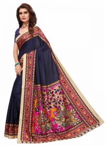 Kalamkaari 9 Navy Khadi Silk Printed Kalamkaari Sarees With Blouse