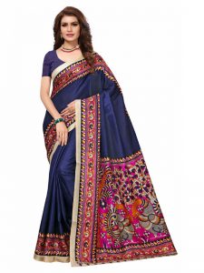 Kalamkaari 9 Navy Khadi Silk Printed Kalamkaari Sarees With Blouse