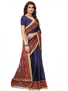 Kalamkaari 9 Navy Khadi Silk Printed Kalamkaari Sarees With Blouse