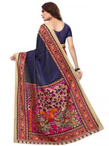 Kalamkaari 9 Navy Khadi Silk Printed Kalamkaari Sarees With Blouse