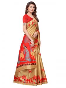 Kalamkari 12 Chiku Khadi Silk Printed Kalamkaari Sarees With Blouse