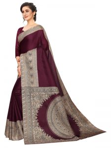 Kalamkari 13 Wine Khadi Silk Printed Kalamkaari Sarees With Blouse