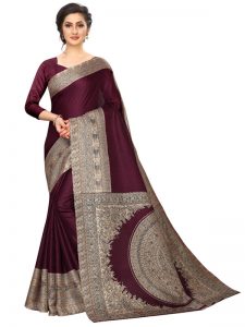 Kalamkari 13 Wine Khadi Silk Printed Kalamkaari Sarees With Blouse