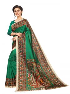 Kalamkari 14 Green Khadi Silk Printed Kalamkaari Sarees With Blouse